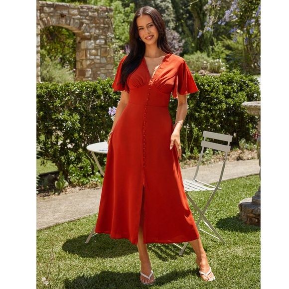 Burnt Orange V-Neck Midi Dress Fit and Flare Butterfly Sleeve Faux Button Front - Picture 6 of 12